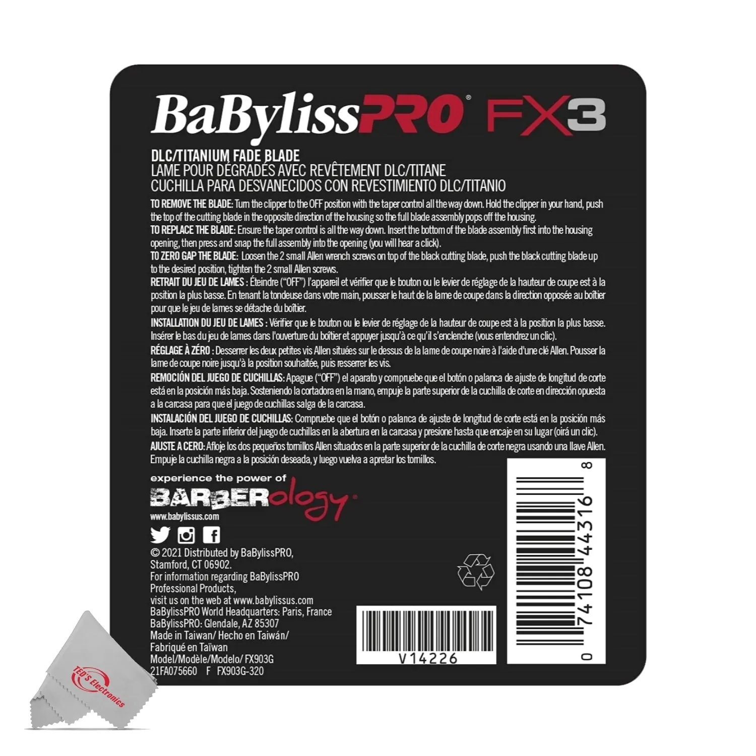 BaByliss Pro FX3 DLC Titanium Fade Replacement Blade Fits FXX3C Clipper #FX903G - 3 Count