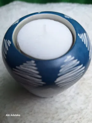 Blue Dash Soapstone Tea Light and Taper Candle Holder