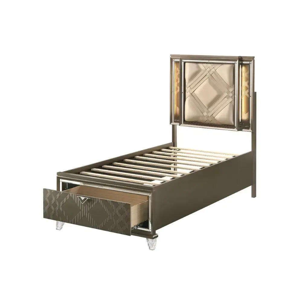 Harvey Twin Bed w/Drawer, LED, Faux Leather & Dark Champagne