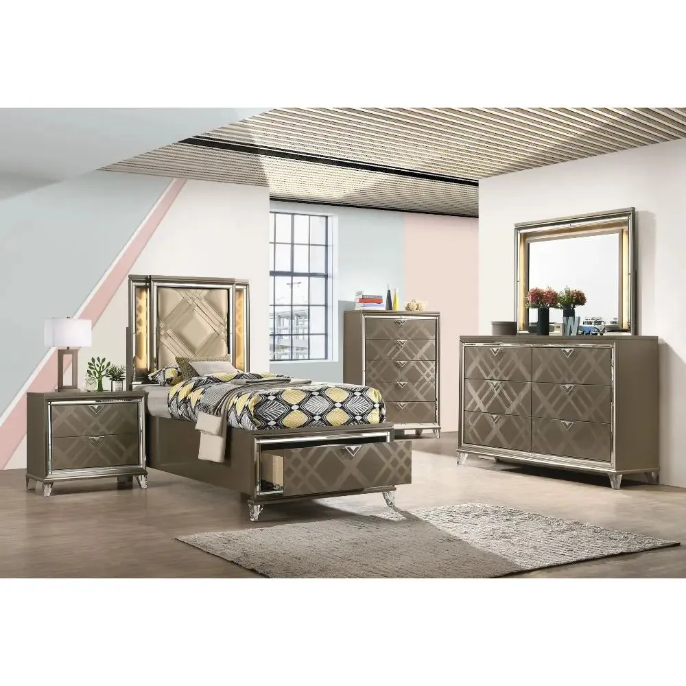 Harvey Twin Bed w/Drawer, LED, Faux Leather & Dark Champagne