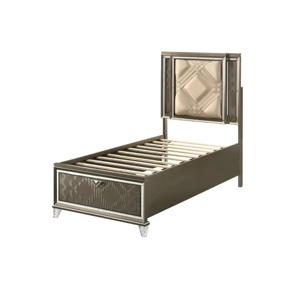 Harvey Twin Bed w/Drawer, LED, Faux Leather & Dark Champagne