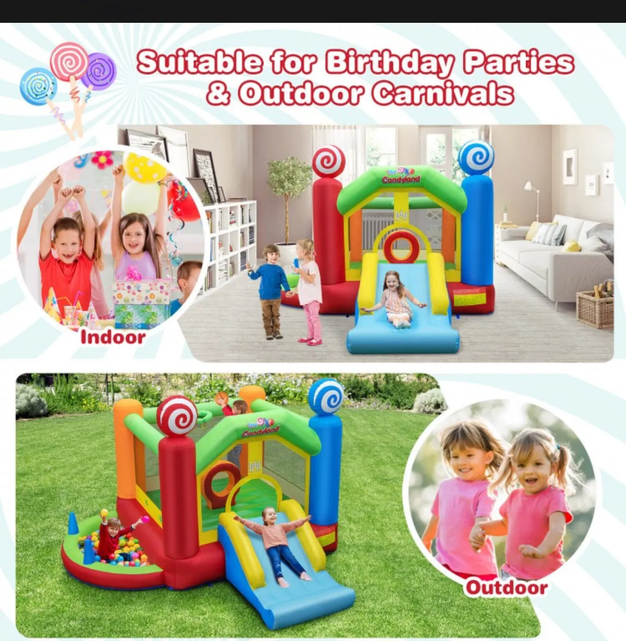 Super Cool Inflatable Kids Candy Land Theme Bouncy House Castle | 735W Blower | Jumping Area | Slide | Balls | Ball Pit | Basketball